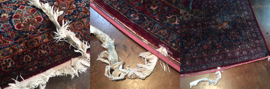 Antique Persian rug with fringe damage, rug repair
